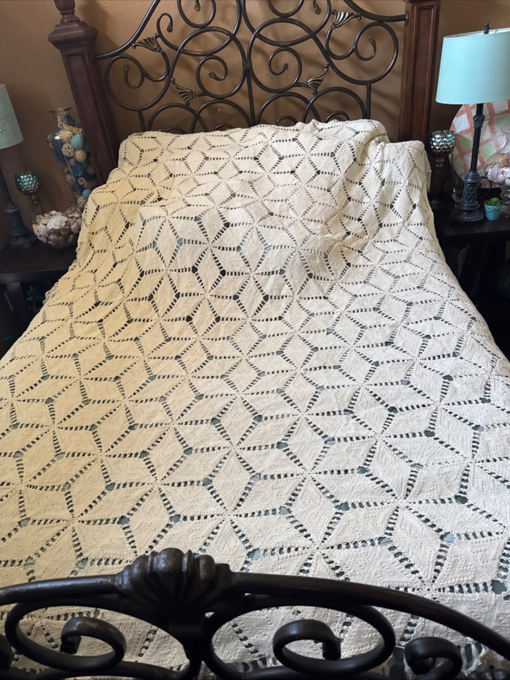 Antique Handmade Crochet Bedspread  Ivory/Cream 85x 72”
